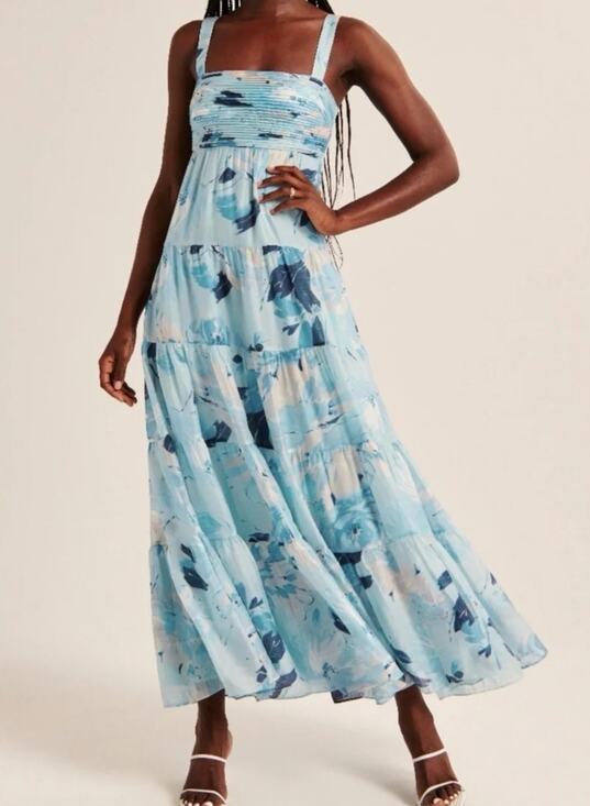 Abercrombie & Fitch Dresses & Skirts - Abercrombie & Fitch Blue Print Ruched Tiered Babydoll Maxi Dress Size S NWT